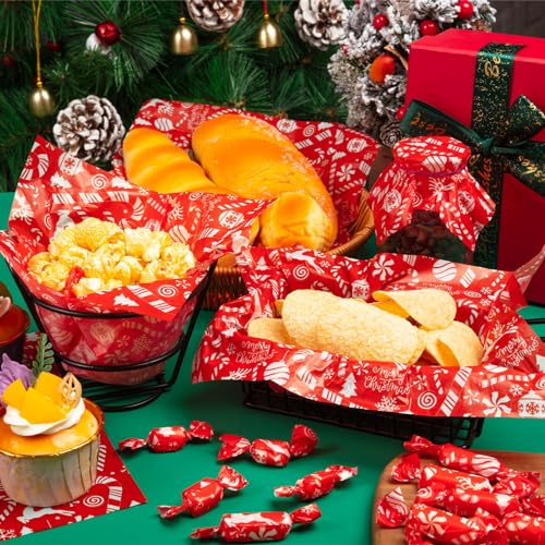 100 Pcs Christmas Wax Paper Sheets for Food, Sandwich Wrap Paper Deli Wraps, Waterproof Oil-proof Picnic Basket Liners with Snowflakes Candy Pattern for Kitchen Handmade Food(Red) - color: Red Candy
