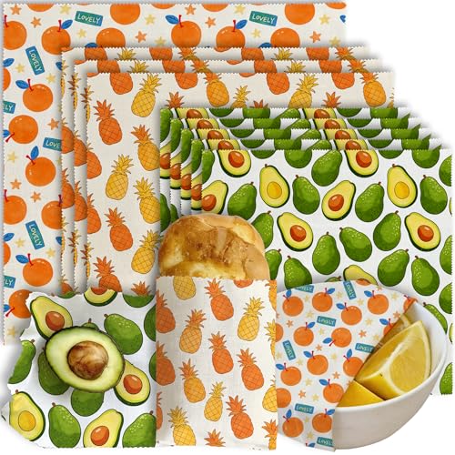 Beeswax Food Wrap, Orange Pineapple Avocado Wrap, 9 Pack Eco-Friendly Food Storage, Sandwich, Snack, Bowl Covers, Organic, Sustainable, Zero Waste, Plastic-Free, 1XL, 3M, 5S - color: Orange Fruits