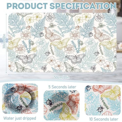 LemonRoad Dish Drying Mat for Kitchen Counter, 12"x20" Absorbent Coffee Bar Mat with Plant Butterflies Design, Fast-dry Diatomite Drainer Drying Mats with Non-slip Backing for Kitchen Sink Countertop - style: Plant Butterflies