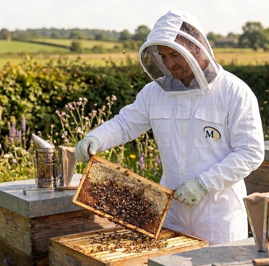 MS Bee Cotton Beekeeper Suit With One Pair Gloves and Fencing Veil - color: White, size: Small