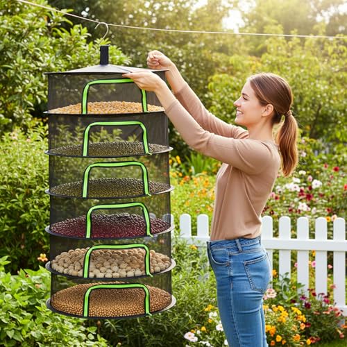 Coloch 6 Layer Herb Drying Rack with Zipper, Foldable Food Drying Net Collapsible Hanging Seed Drying Mesh with Garden Shear, Hook, Bag, for Plant, Seed, Bud, Fruit, Food, 23.6”x47”