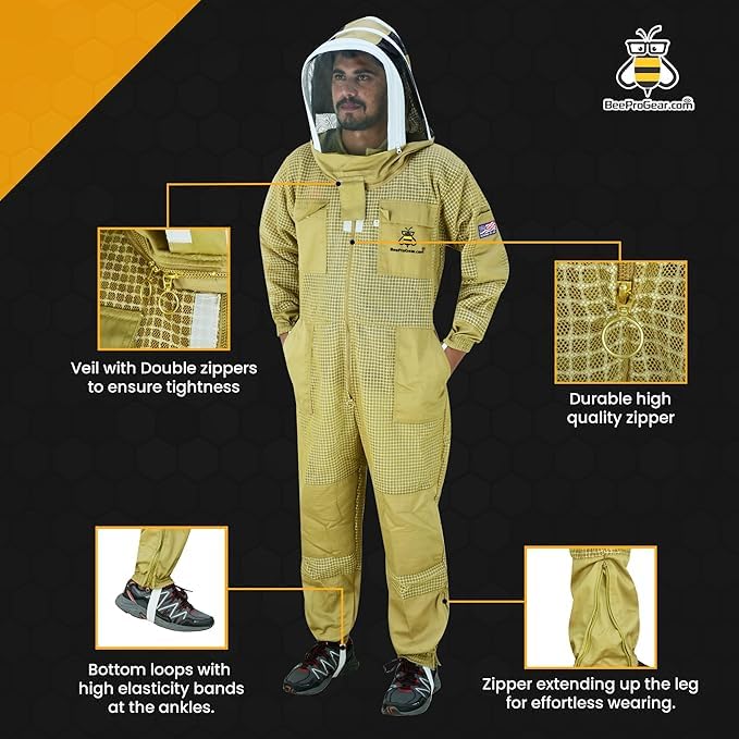3-Layer Ultra Ventilated Mesh Beekeeping Suit for Men & Women with Veil Sting-Proof Bee Suit with Leather Gloves & Bag - color: Brown F, size: Large