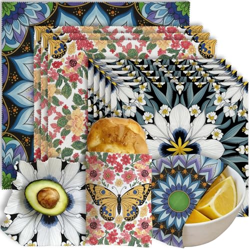Reusable Beeswax Wrap, Floral & Butterfly Wraps, 9 Pack Eco-Friendly Beeswax Wraps For Food, Organic, Sustainable, Biodegradable, Zero Waste, Plastic-Free Storage, 1XL, 3M, 5S - color: Black Floral