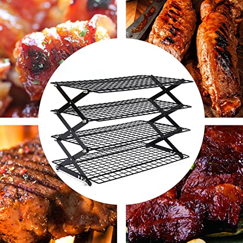4-Tier Collapsible Cooling Rack, Adjustable Stackable Roasting Cooking Drying Wire, Barbecue Storage Display Shelf for Cookies Baking Picnic Party