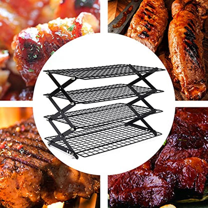 4-Tier Collapsible Cooling Rack, Adjustable Stackable Roasting Cooking Drying Wire, Barbecue Storage Display Shelf for Cookies Baking Picnic Party