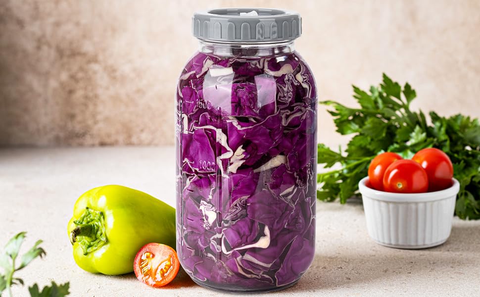 64oz Fermentation Jar Kit with Fermenting Weights and Airlock Lids, Wide Mouth Glass Jars with Scale Mark for Making and Storing Sauerkraut, Pickles (Pack of 2) - size: 64oz * 2pack