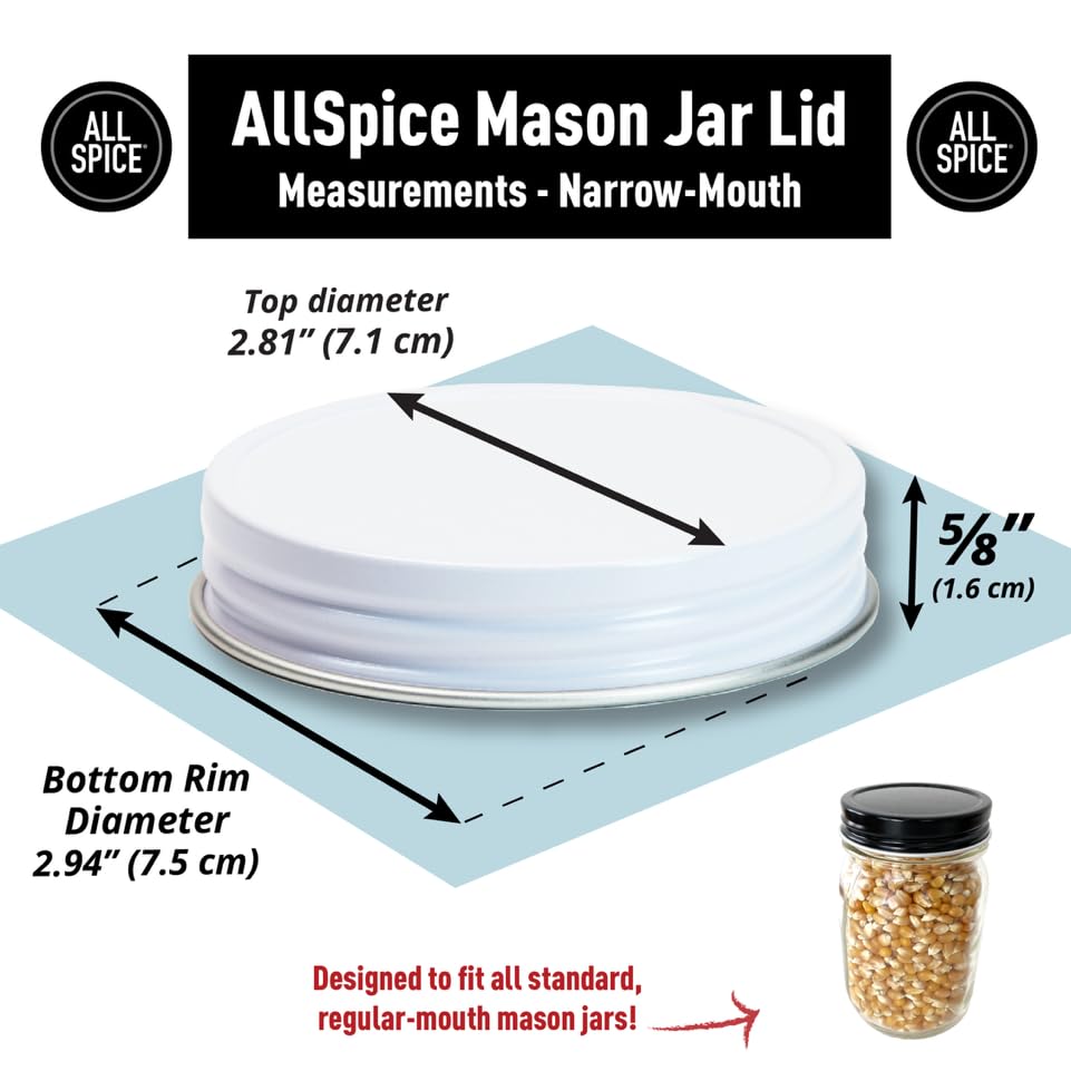 AllSpice Rust-Proof Narrow Mouth Aluminum Metal Mason Jar Lids Leak-Proof 12-Pack (White Narrow) - color: White, size: Narrow Mouth
