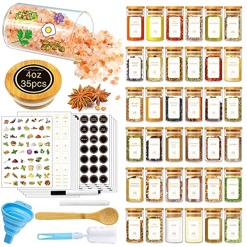 BGraceyy Spice Jars with Labels, 35 Pcs 4 oz Glass Spice Jars with Bamboo Lids, Minimalist Stackable Airtight Spice Containers with 426 labels for Home Kitchen, Pantry, Spice Cabinet, Drawer, Rack - size: 4 oz 35 pcs