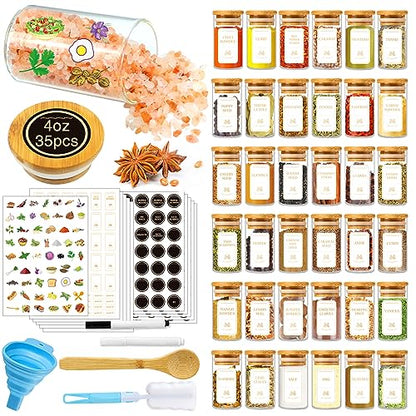 BGraceyy Spice Jars with Labels, 35 Pcs 4 oz Glass Spice Jars with Bamboo Lids, Minimalist Stackable Airtight Spice Containers with 426 labels for Home Kitchen, Pantry, Spice Cabinet, Drawer, Rack - size: 4 oz 35 pcs