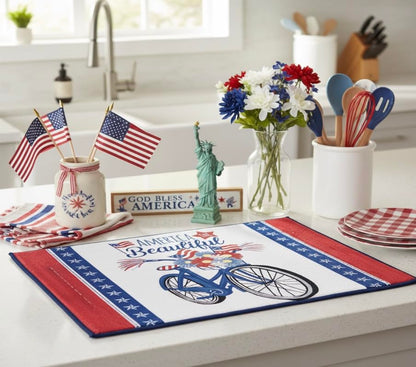 Serafina Home Patriotic Dish Drying Mat, America the Beautiful Bicycle Design, Red White Blue, Cotton, 15" x 20", Machine Washable, 4th of July Kitchen Décor - color: patriotic bike