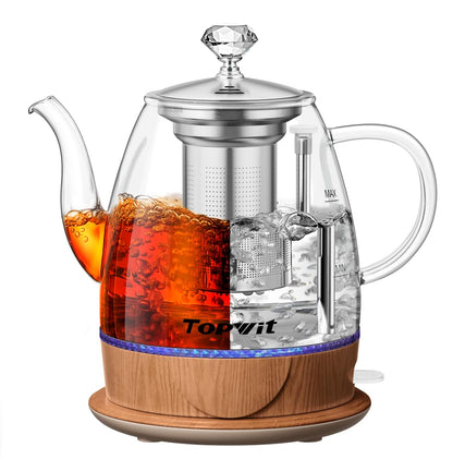 Topwit Electric Kettle Glass, For Hot Water, Tea and Coffee Dual Purpose Design, BPA-Free, 1L Pour Over Removable Stainless Steel Infuser, Auto-shut Off & Boil-dry Protect - color: Wood