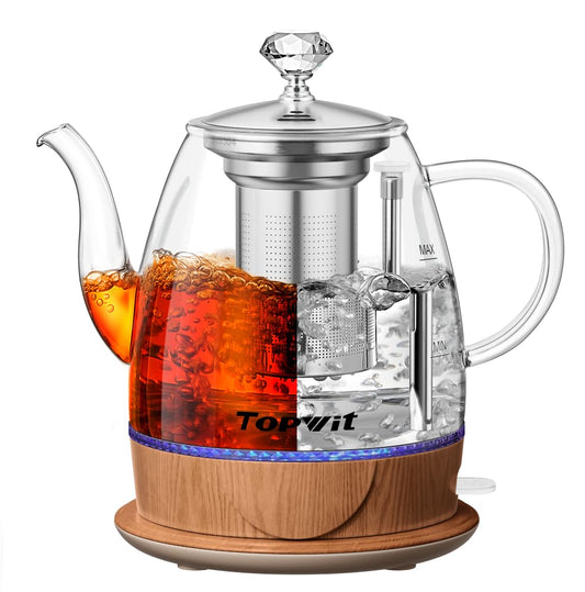 Topwit Electric Kettle Glass, For Hot Water, Tea and Coffee Dual Purpose Design, BPA-Free, 1L Pour Over Removable Stainless Steel Infuser, Auto-shut Off & Boil-dry Protect - color: Wood