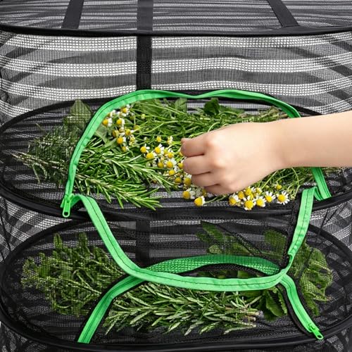Coloch 4 Layer Herb Drying Rack with Zipper, Hanging Mesh Net with Garden Shear, Collapsible Food Drying Net for Seeds, Buds, Fruits, Vegetables, Herbs, Fish, Clothes(Black)