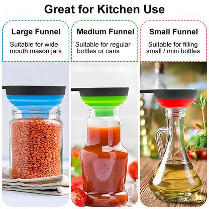 Canning Funnel Set of 3, Large Medium and Small Mouth Size Collapsible Funnel for Transfer Jam Juice Spices and Oil, Filling Mason Jar Supplies Tools Kit, Kitchen Gadget Accessories, Blue, Green, Red