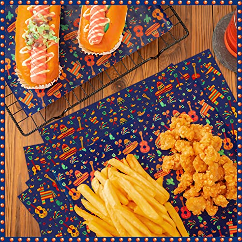 100 Pcs Fiesta Wax Paper for Food, Cinco De Mayo Wax Paper Sheets Deli Paper Sandwich Wrap Candy Wraps, Waterproof Oil-proof Picnic Basket Liners with Guitar Pattern for Kitchen Handmade Food(Blue) - color: Fiesta-blue