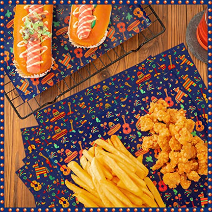 100 Pcs Fiesta Wax Paper for Food, Cinco De Mayo Wax Paper Sheets Deli Paper Sandwich Wrap Candy Wraps, Waterproof Oil-proof Picnic Basket Liners with Guitar Pattern for Kitchen Handmade Food(Blue) - color: Fiesta-blue