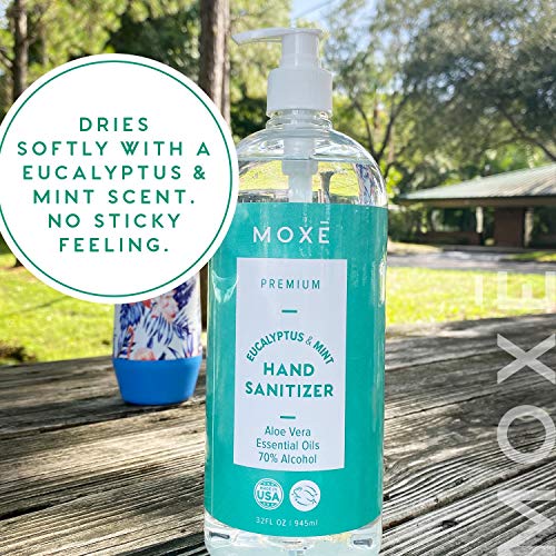 MOXE Premium Eucalyptus & Mint Hand Sanitizer Value Pack - Calming Moisturizing Waterless Antiseptic Cleanser with 70% Ethyl Alcohol, Aloe Vera & Essential Oils - Fights Germs & Bacteria - 4 x 32oz