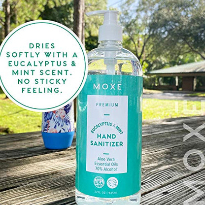 MOXE Premium Eucalyptus & Mint Hand Sanitizer Value Pack - Calming Moisturizing Waterless Antiseptic Cleanser with 70% Ethyl Alcohol, Aloe Vera & Essential Oils - Fights Germs & Bacteria - 4 x 32oz