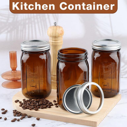 CARBLIN 2 Pack Mason Jars 32 oz, Amber Wide Mouth Canning Jars with Airtight Lids, Glass Pint Jars with Bands Labels Brush, Large Storage Quart Jars for Jam Fermenting Preserving - color: Amber