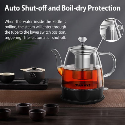 Topwit Electric Kettle Glass, For Hot Water, Tea and Coffee Dual Purpose Design, BPA-Free, 1L Pour Over Removable Stainless Steel Infuser, Auto-shut Off & Boil-dry Protect - color: Black