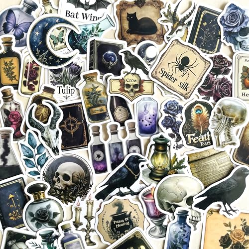 50 PCS Gothic Dark Academia Stickers – Vintage Witchcraft Occult Aesthetic Decals for Laptop, Water Bottle, Journal, Scrapbook – Skull, Crow, Potion, Witchy Decor Stickers for Teens & Adults - color: Gothic Academia