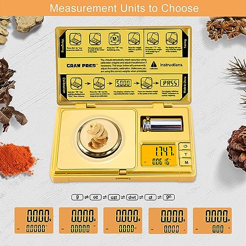 GRAM PRES High Precision Milligram Scale,50g/0.001g Digital Mini Pocket Gram Scale,Mg Scale for Weighing Powders,Jewelry, Medicine, Gem, Reloading,Gold Scale with Cal Weight, Tweezer and Tray - color: GOLD