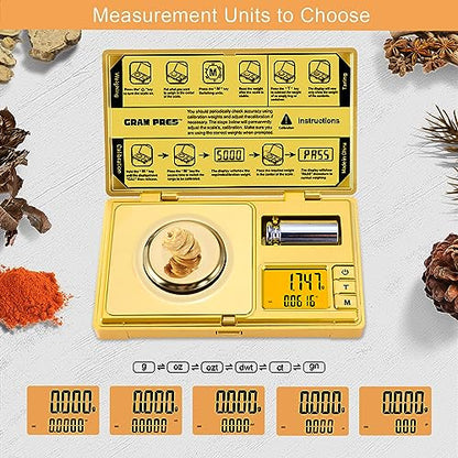 GRAM PRES High Precision Milligram Scale,50g/0.001g Digital Mini Pocket Gram Scale,Mg Scale for Weighing Powders,Jewelry, Medicine, Gem, Reloading,Gold Scale with Cal Weight, Tweezer and Tray - color: GOLD