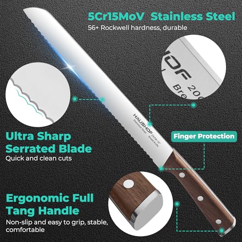 HAUSHOF Bread Knife with Sheath, 10-Inch Serrated Bread Knife for Homemade Bread, 5CR15M0V Premium Stainless Steel Bread Cutter with Gift Box for Mom Dad, Full Tang and Ergonomic Handle - size: 10 inches