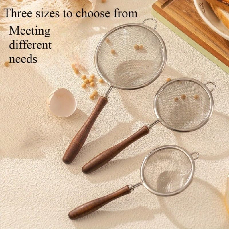 3 Pack Stainless Steel Fine Mesh Strainer Set, 304-Grade Kitchen Sieve with Wooden Handle for Tea, Baking, Cooking - Small Medium Large