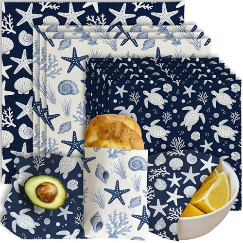 Reusable Beeswax Wraps, Sea Turtle&Starfish Shell Wraps, 9 Pack Eco-Friendly Food Storage, Organic, Sustainable, Zero Waste, Plastic-Free, Sandwich, Bowl, Fruit, 1XL, 3M, 5S - color: Blue Ocean