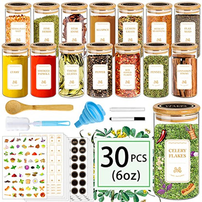 BGraceyy Spice Jars with Labels, 30Pcs 6oz Glass Spice Jars with Bamboo Lids, Minimalist Stackable Airtight Spice Containers with 426 labels for Kitchen Seasoning, Tea, Herbs, Coffee, Sugar,Shells - size: 6 oz 30 pcs