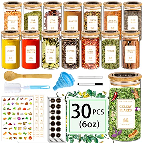 BGraceyy Spice Jars with Labels, 30Pcs 6oz Glass Spice Jars with Bamboo Lids, Minimalist Stackable Airtight Spice Containers with 426 labels for Kitchen Seasoning, Tea, Herbs, Coffee, Sugar,Shells - size: 6 oz 30 pcs