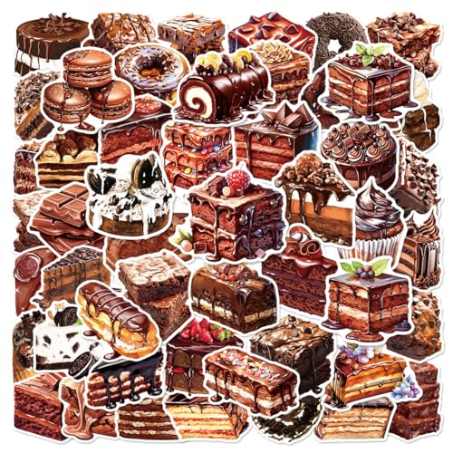 50Pcs Chocolate Cake Stickers Pack, Waterproof Vinyl Dessert Decals for Water Bottle Laptop Suitcase Skateboard Scrapbook Journal, Cute Food Labels for Kids Teens Girls DIY Decor Party Gift Supplies - color: Chocolate Cake-6