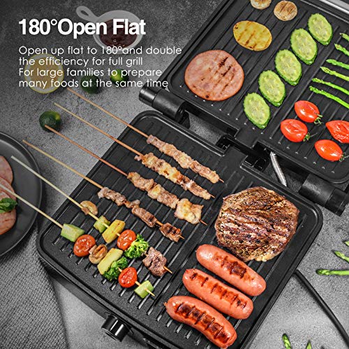 OSTBA Panini Press Grill with Adjustable Temperature, 4-Slice Indoor Grill, 180° Open Sandwich Maker with Drip Tray, Non-Stick Plates, Stainless Steel, 1200W - style: ABC19