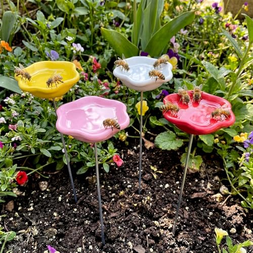 4 Pack Resin Bee Watering Station for Butterfly Garden Cups Bath Bee Feeders for Thirsty Pollinators Outdoor Garden Yard Stakes Decor Flower Design Plastic Free Attracting Glaze(Stylish) - style: Stylish