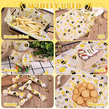 100 Pcs Wax Paper Sheets for Food, Bee Day Wax Paper Sandwich Wrap Deli Wraps, Waterproof Oil-proof Picnic Basket Liners with Bee Pattern for Kitchen - color: Bee