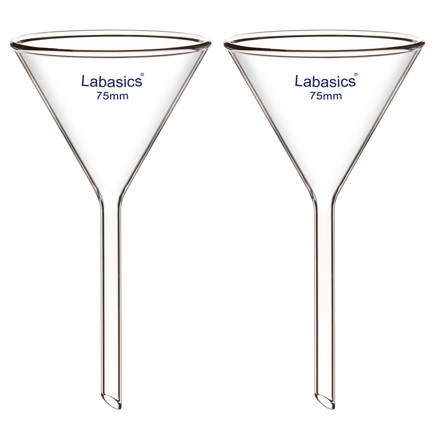 Labasics 2-Pack Glass Heavy Wall Funnel Borosilicate Glass Funnel, Short Stem 75 mm Diameter, 75 mm Stem Length - size: 75 mm Diameter and 75 mm Stem