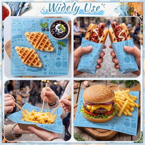 Outus 600 Pcs 12 x 12 Inch Deli Wax Paper Sheets Grease Resistant Tray Basket Liners Newsprint Paper Water and Grease Proof Sandwich Wrapping Square Hot Dog Wrapper for Food Baking (Light Blue) - color: Light Blue
