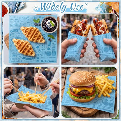 Outus 600 Pcs 12 x 12 Inch Deli Wax Paper Sheets Grease Resistant Tray Basket Liners Newsprint Paper Water and Grease Proof Sandwich Wrapping Square Hot Dog Wrapper for Food Baking (Light Blue) - color: Light Blue
