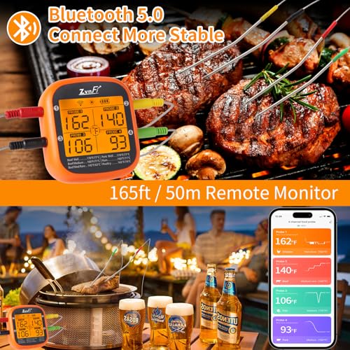 Instant Read Food Meat Thermometer Wireless Digital with LCD Display and 4 Stainless Probes,Advanced Electronic Thermometer Waterproof for BBQ Cooking Kitchen Outside Grill - color: orange