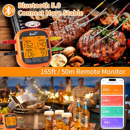 Wireless Digital Meat Thermometer,Instant Read Food Thermometer with LCD Display and 4 Stainless Probes,Advanced Electronic Thermometer Waterproof for BBQ Cooking Kitchen Outside Grill - color: red