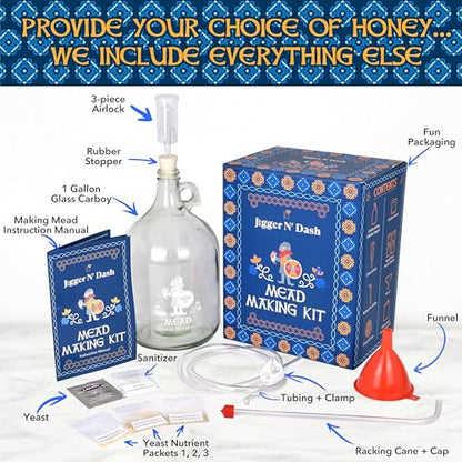 Jigger N' Dash Mead Making Kit - Reusable Do-It-Yourself Honey Mead Making Kit - Mead Kit Complete - All the Mead Supplies You Need Makes 1 Gallon of Mead – Mead Brewing Kit Home Brewing Starter Sets