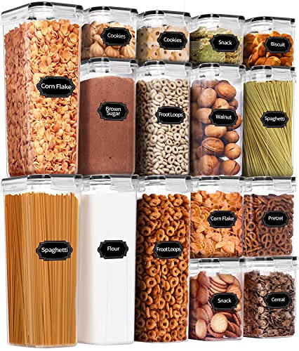 PRAKI Airtight Food Storage Containers Set, 16 Pcs BPA Free Plastic Dry Food Canisters for Kitchen Pantry Organization and Storage Ideal for Cereal, Flour & Sugar - Labels, Marker(Black) - color: Black