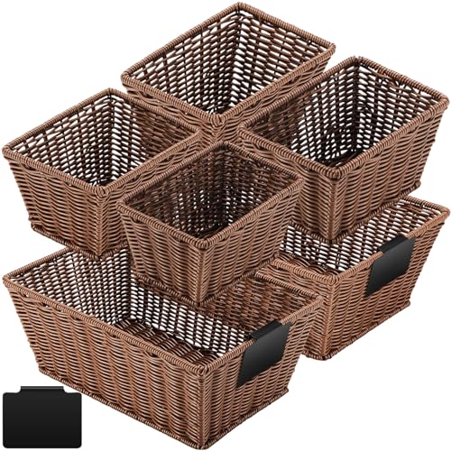 Marsui 6 Pcs Wicker Storage Baskets for Pantry Organization with Labels Handwoven Multi-size Brown Wicker Storage Bins for Organizing Small Baskets Container for Shelves Closet Toilet - color: Brown, style: Wicker