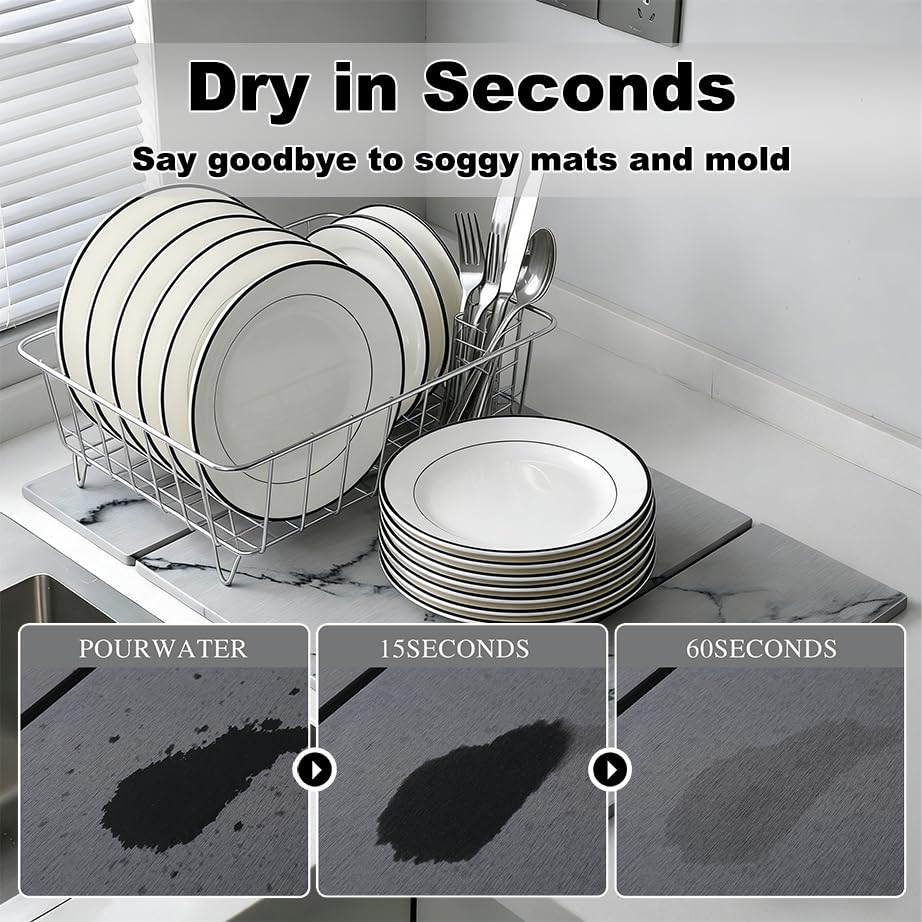 Large Stone Dish Drying Mat for Kitchen Counter,Collapsable Stone Dish Drying Mat with Diatomaceous Earth for Quick Drying-Ultra Absorbent-Eco-Friendly,Foldable -23.6"×15.7" Light Gray Marble Pattern - color: L22-Light Gray