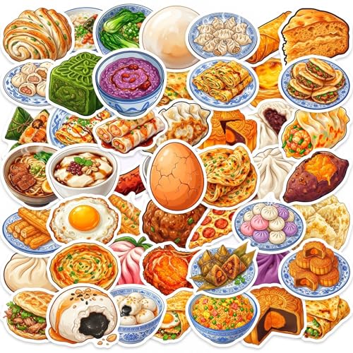 50Pcs Chinese Breakfast Stickers Pack, Waterproof Vinyl Food Decals for Water Bottle Laptop Suitcase Skateboard Scrapbook Journal, Cute Food Labels for Kids Teens Girls DIY Decor Party Gift Supplies - color: Chinese Breakfast-8
