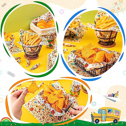 100Pcs Back to School Wax Paper Sheets for Food, Wax Paper for Food Sandwich Wrap Paper Deli Wraps, Waterproof Oil-proof Picnic Basket Liners with Bag Pattern for Kitchen Handmade Food - color: Back to School