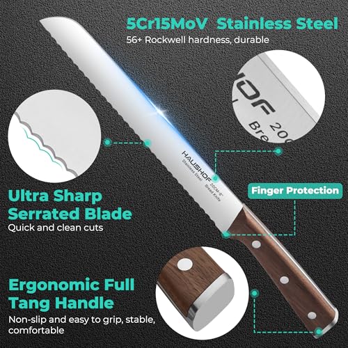 HAUSHOF Bread Knife with Sheath, 8-Inch Serrated Bread Knife for Homemade Bread, 5Cr15Mov Premium Stainless Steel Bread Cutter with Gift Box for Mom Dad, Full Tang and Ergonomic Handle - size: 8"