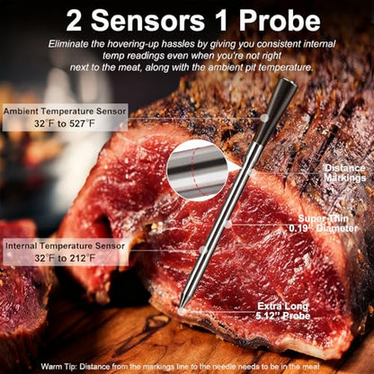 Wireless Meat Thermometer Digital with 800ft Remote Range, Bluetooth 5.3 Wireless Thermometer for Cooking with Ambient Temperature and App Alert for Oven BBQ Grilling Smoking