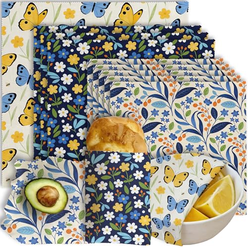 Beeswax Food Wrap, Butterfly, Floral & Leaves Wrap, 9 Pack Eco-Friendly Beeswax Wraps For Food, Organic, Sustainable, Biodegradable, Zero Waste, Plastic-Free Food Storage, 1XL, 3M, 5S - color: Blue Floral2